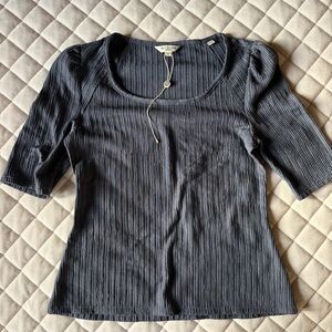 Max Studio London Navy Blue Grey Ribbed Scoop Neck Short Sleeve Top NWOT